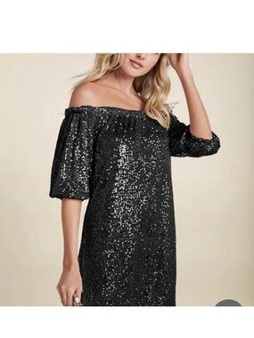 NWT Venus Black Sequin Off-The-Shoulder Puff Sleeve Dress (Size 2X)